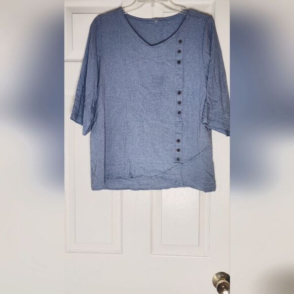 Unbranded XL Stone Blue LINEN Blend  3/4 Sleeve Lagenlook Women's Top Blouse - Picture 1 of 7
